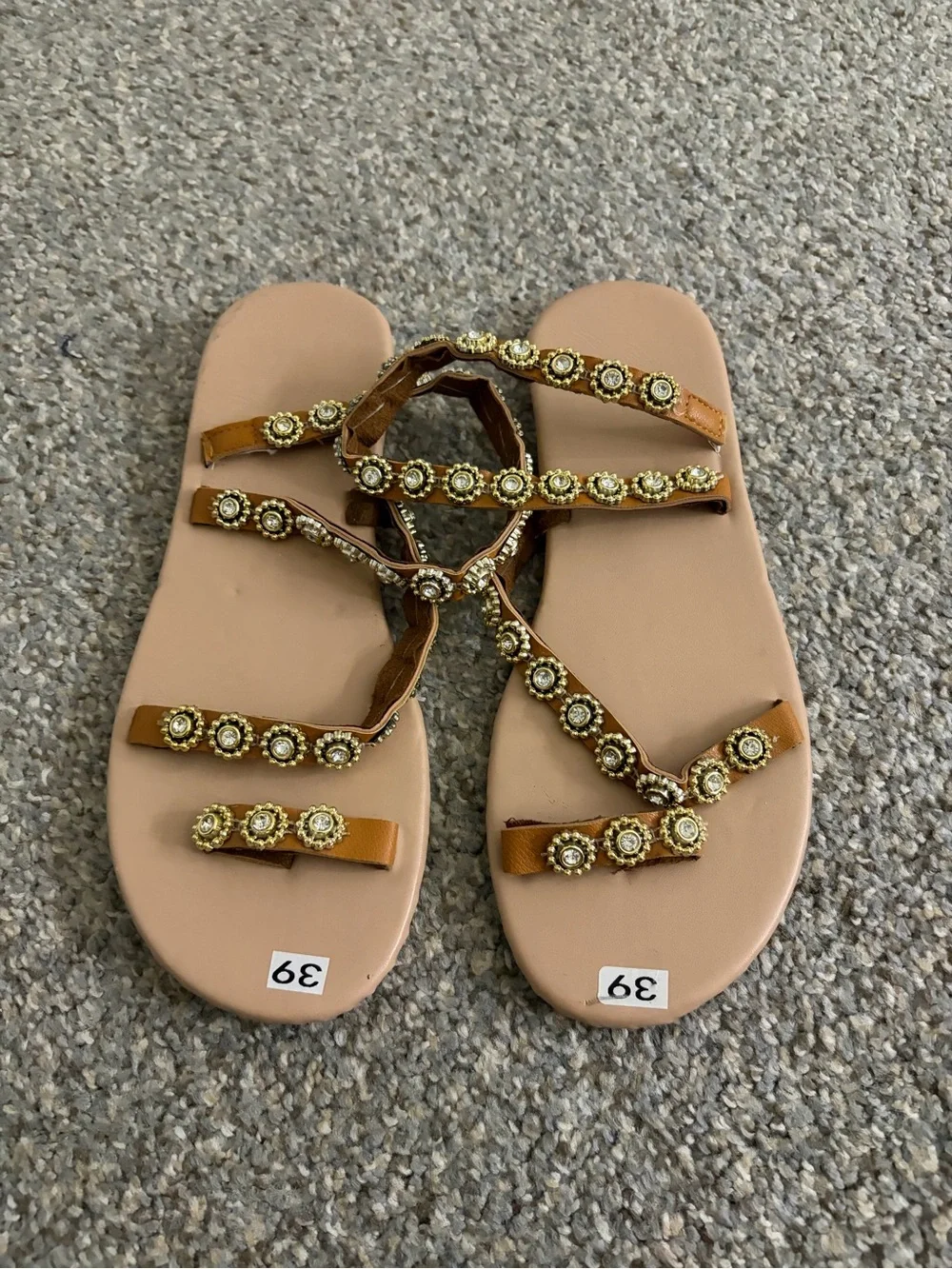Embellished Tan Strappy Flat Sandals